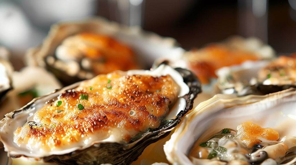 Ostras Gratinadas com Espuma de Champagne. Deliciosas 1 Ostras Gratinadas com Espuma de Champagne. Deliciosas
