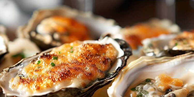 Ostras Gratinadas com Espuma de Champagne. Deliciosas 2 Ostras Gratinadas com Espuma de Champagne. Deliciosas