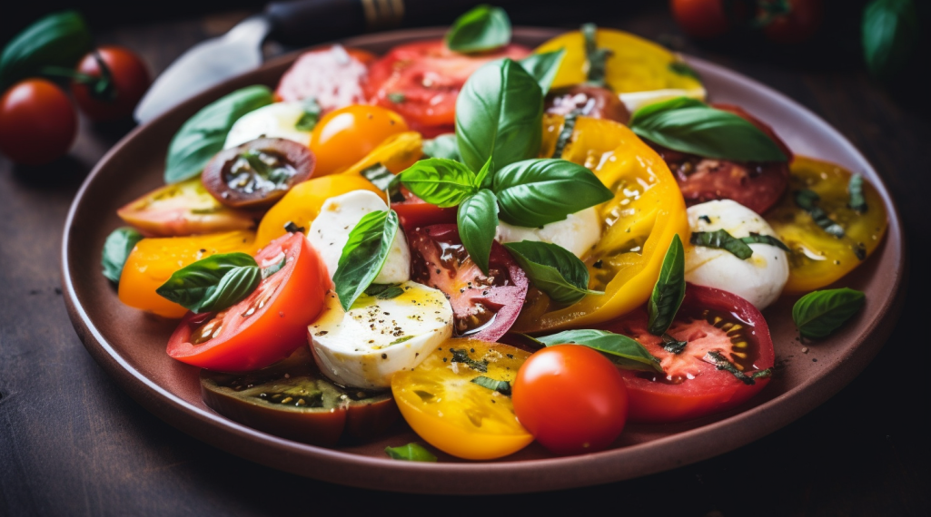 Salada Caprese com Tomates Heirloom e Manjericão