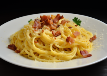 Carbonara com Bacon Crocante e Ovos. Legitima Cozinha Italiana