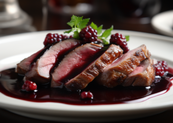 Magret de Pato ao Molho de Vinho Tinto e Frutas Vermelhas