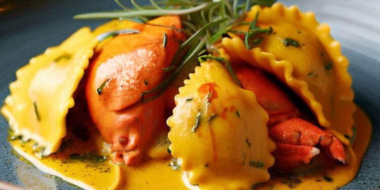 Ravióli de Lagosta com Molho de Açafrão e Ervas Finas