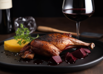 Peito de Pato com Molho de Vinho Tinto e Purê de Batata Trufado